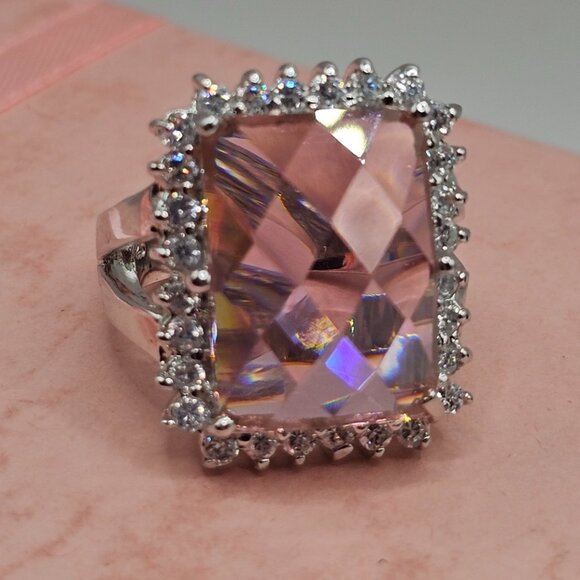 Sterling Silver 925 Rhodium Plated Large Pink CZ Cocktail Ring - Picture 12 of 12